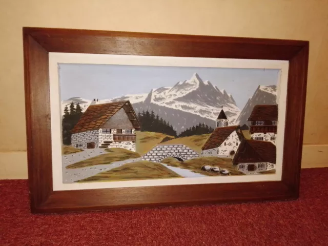BEAU TABLEAU MONTAGNE BOIS RELIEF SCULPTÉ PEINT HAUTE SAVOIE - 72 cm X 44 cm