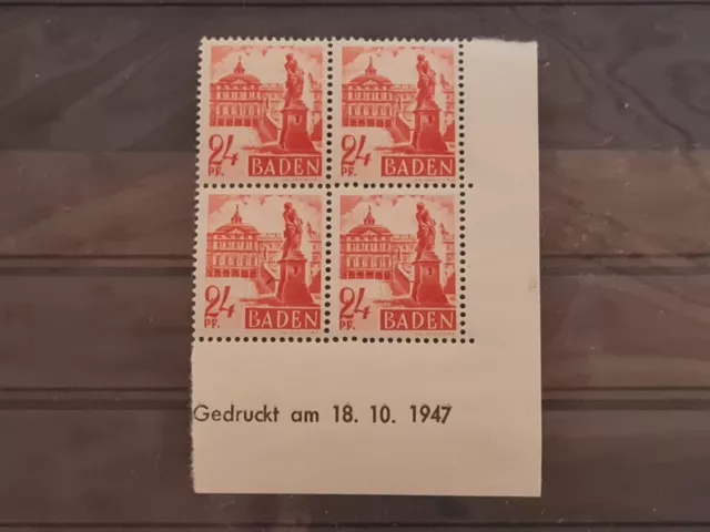 Frz. Zone postfrisch - Baden MiNr 8 Bru - Druckdatum 18.10.1947 vom A-Bogen