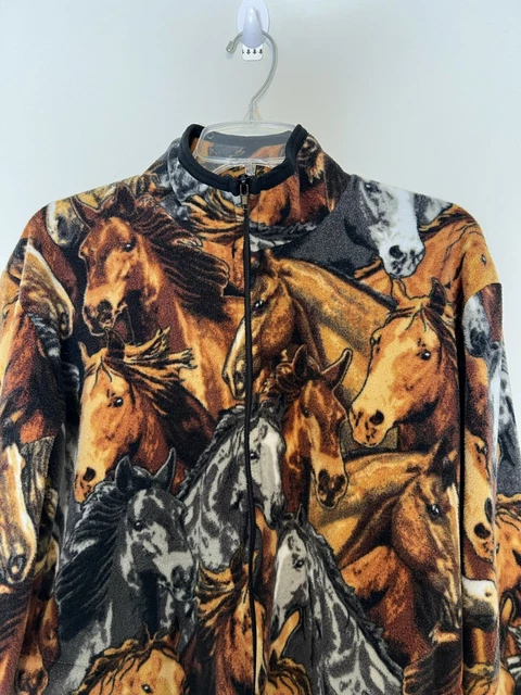 Vintage Cozy Corner Small Fleece Jacket Brown & Gray Horse Pattern Made in USA
