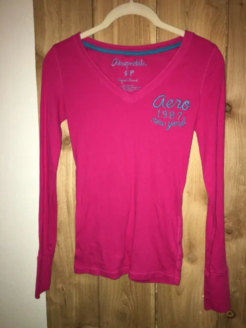 Aeropostale Junior Girls Long Sleeve Pink Top w Blue Embroidery Size S/P New