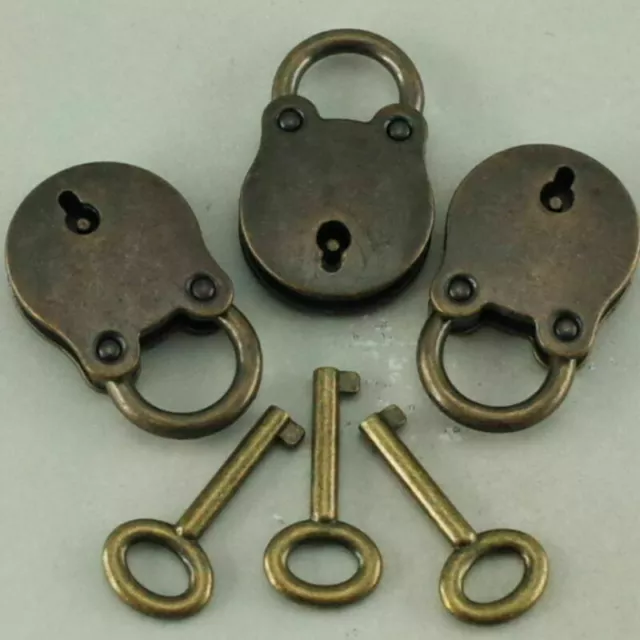 3 * Old Vintage Antique Style Mini Padlocks Key Lock Bronze Retro Jewelry Lock D