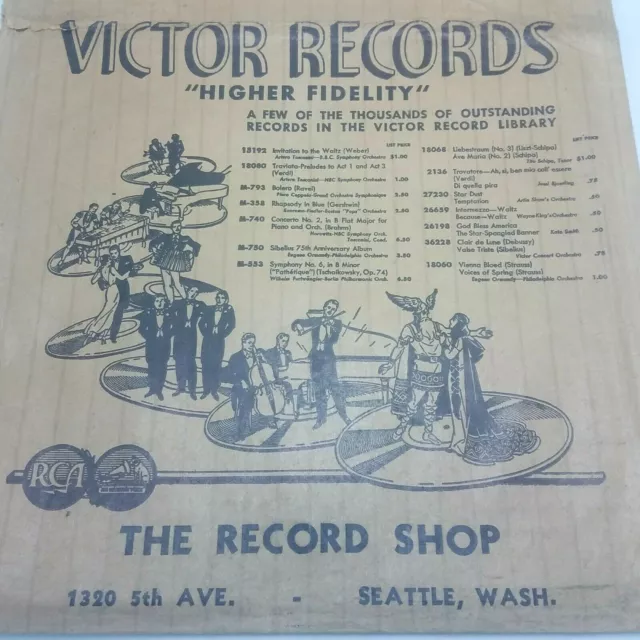 VICTOR RECORDS Printed Paper Bag 78 RPM The Record Shop Seattle 1320 5th Ave