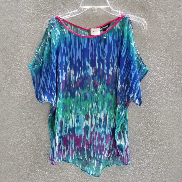 Express Women Top Medium Blue Green Tie Dye Blouse Cold Shoulder Dolman Sleeve