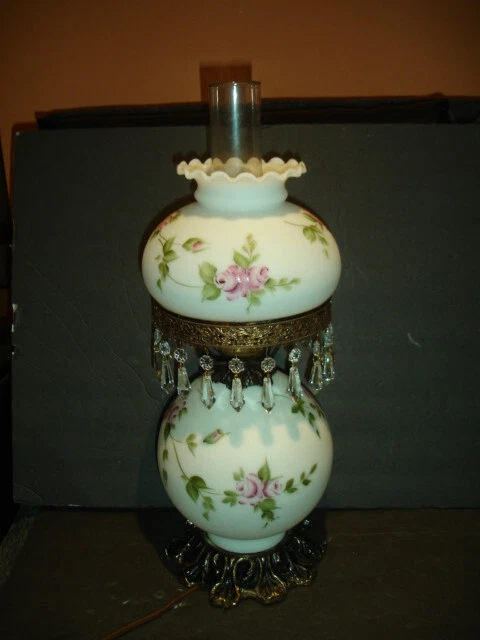 FENTON CHARLETON SATIN GLASS OLD ROSES LAMP GWTW, label