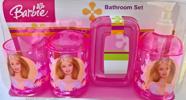 ~ Barbie - BATHROOM 4 Piece BATH SHOWER SET SOAP TOOTHBRUSH HOLDER CUP HANDWASH