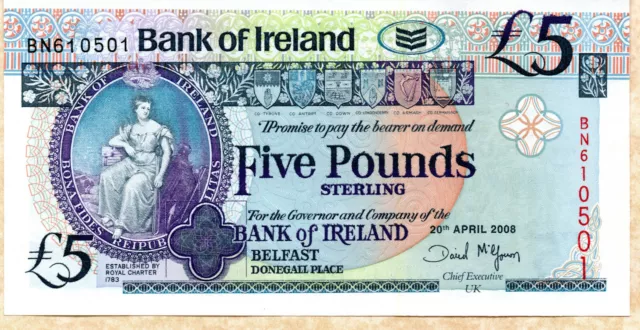 MINOR ERRORS 2008 Bank of Ireland Belfast £5 five pound currency banknotes unc