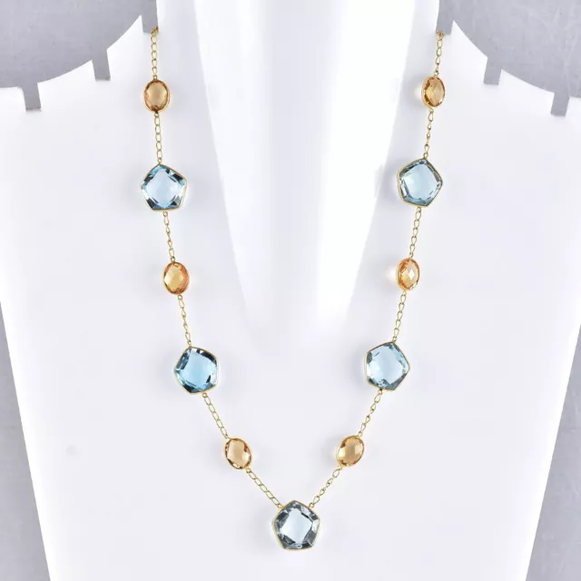 18K Solid Gold  Citrine & Blue Topaz Necklace |Precious Gemstone Royal Necklacl