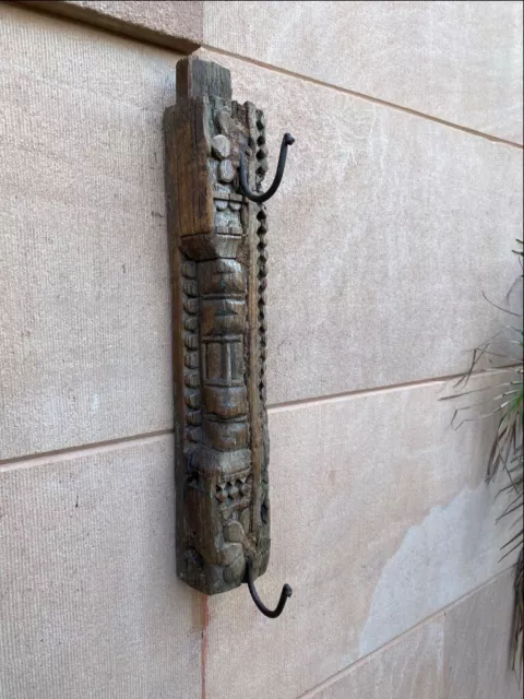 Ancient Wooden Handcrafted Floral Carved Wall Hanging Hanger Double Hook Panel