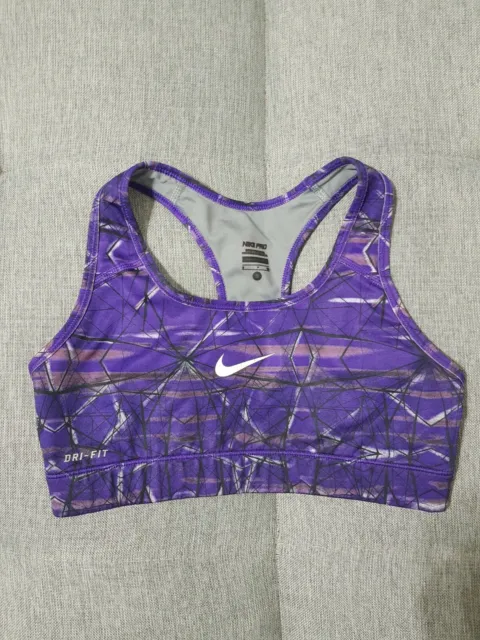 Nike Dri Fit Pro Women Geometric Purple Classic Swoosh Gym Sport Bra Top Size S