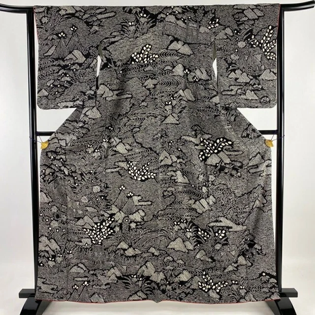 Woman Japanese Kimono Houmongi Silk Flowers Shibori Black