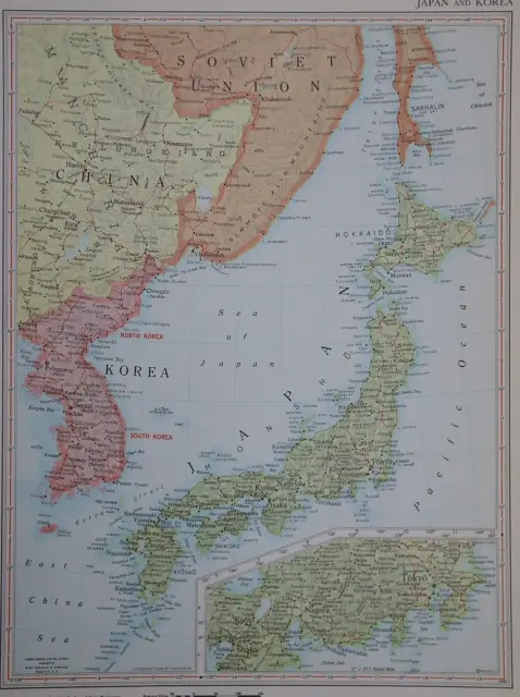1967 Rand McNally Atlas Map ~ JAPAN, NORTH - SOUTH KOREA, CHINA, SOVIET UNION