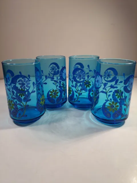 Vintage Libbey Juice Glasses Set of 4 Blue Floral Retro Hand Painted MCM