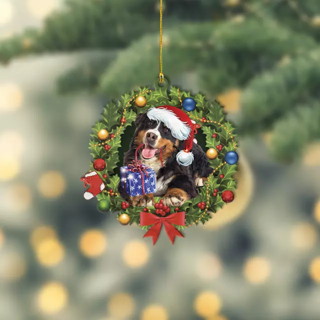 Bernese Mountain Dog Christmas Wreath Ornament, Bernese Mountain Dog Xmas