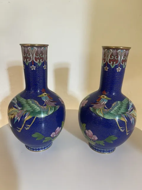 Mirror PAIR of  Vintage Cloisonne  Phoenix Floral Vases Blue 8”