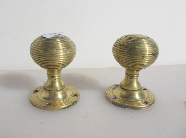 Vintage Brass Beehive Door Knobs Handles Reeded Plates Retro "LEGGE"