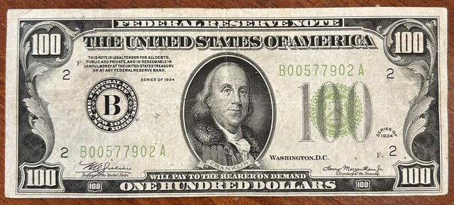 $100.00 1934 LGS LIME (Light Green Seal) U.S. FEDERAL RESERVE NOTE 2