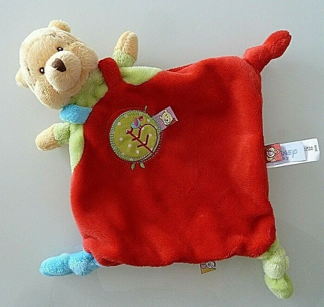 * Doudou Plat Disney Winnie Rouge Vert Bleu Rond Oiseau Arbre Et.neuf*