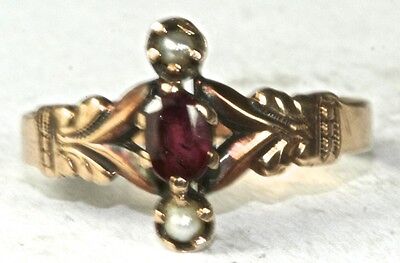Victorian Antique 14K Light Rose Gold Garnet Pearl Ring Size 5.25
