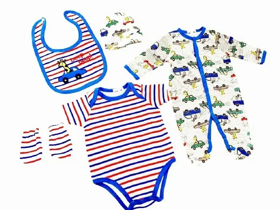 Baby Boy Layette Gift Set, Pure Cotton Clothing, 5 Piece Set - Newborn