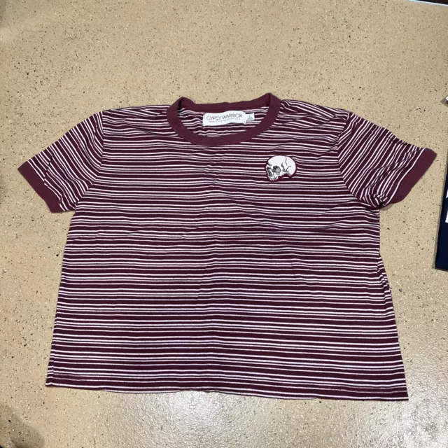 Women's Gypsy Warrior Burgundy & White Striped Short T Shirt-Size L