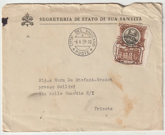 SEGRETERIA DI STATO DI SUA SANTITA'-Busta-Papa PIO XII°-Pacelli.Trieste-1959-
