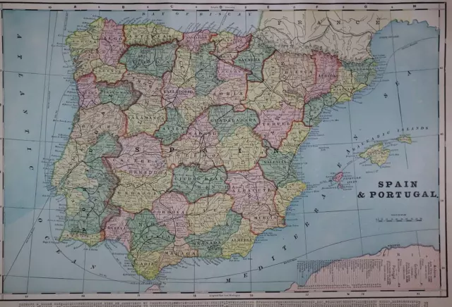 Old 1902 Cram Atlas Maps ~ SPAIN - PORTUGAL ~ (LG13x18) #1377