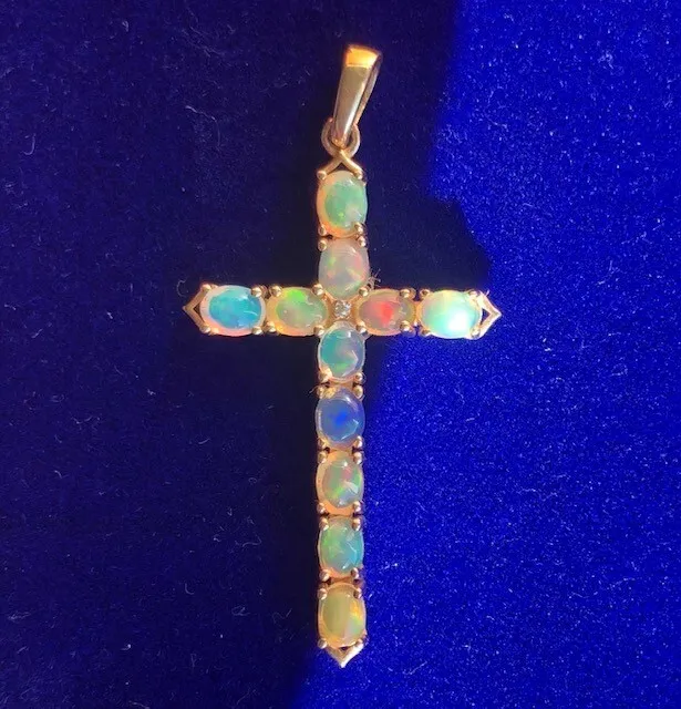 STUNNING Solid Australian Opal Cross 14k Gold Pendant Necklace VIDEO Diamond