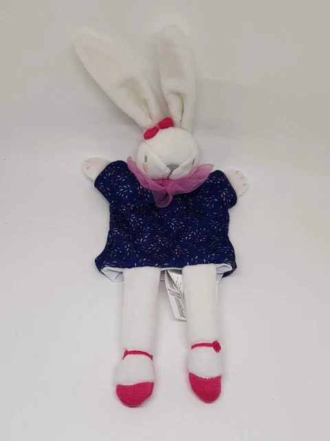 Doudou Plat Lapin Blanc Bleu Marine Sergent Major Noeud Rose Tulle Marionnette