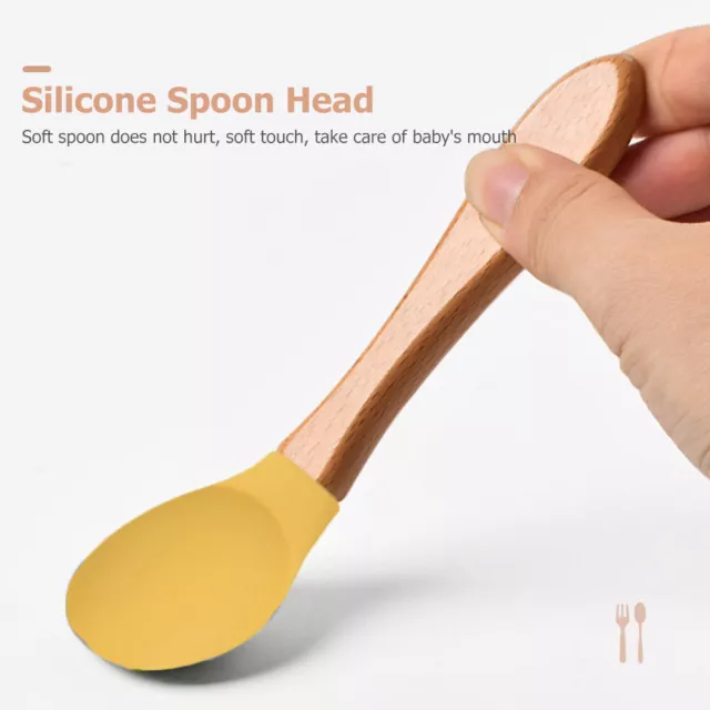 Baby Wooden Silicone Feeding Spoon Toddlers BPA-free Tableware (28)