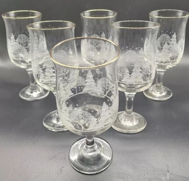 Set of 7 Arby's Winter Scene Stemmed Goblet Wine Glass Etching Gold Rim Elegant