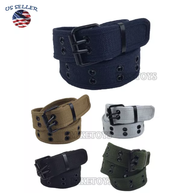 New Cotton Canvas Double Grommet Hole Buckle Belt Men Women Causal Jeans