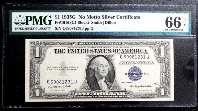 $1 1935 G NO MOTTO SILVER CERTIFICATE Fr#1616 PMG 66 EPQ (CJ Block) GEM UNC