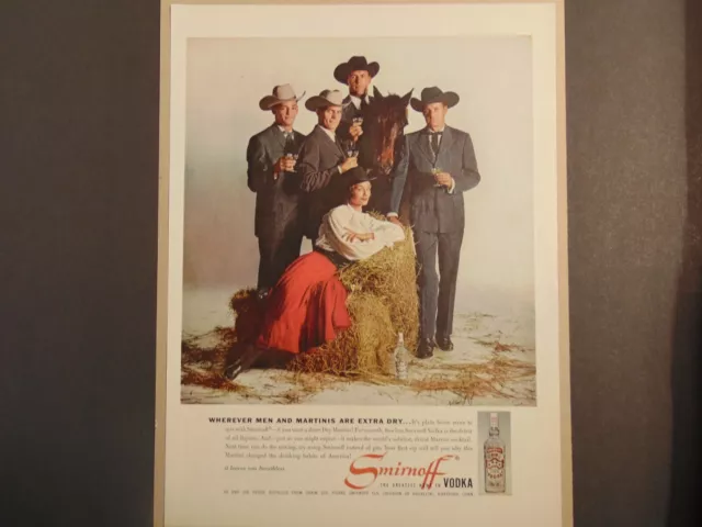 1960 SMIRNOFF VODKA Cowboys Horse Cowgirl Hay Bale vintage art print ad