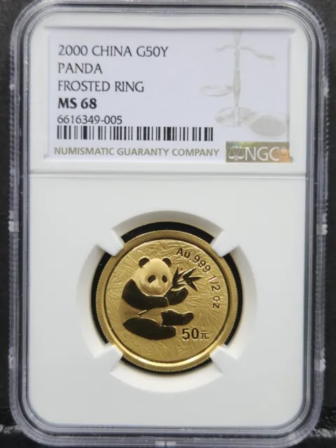 2000 China 50 Yuan 1/2oz. Gold Panda Frosted Ring MS 68 NGC Rare #1108