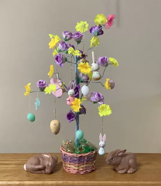 16" Flowered Kitschy Easter Egg Tree With 13 Ornaments & Cute Ceramic Bunnies