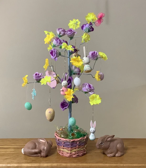 16" Flowered Kitschy Easter Egg Tree With 13 Ornaments & Cute Ceramic Bunnies