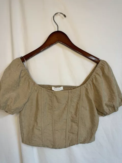 Kirious Los Angeles Tan Crop Top Short Puff Sleeves  Gathered Back S Peasant