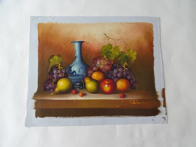 Original Azul Florero Fruta Naturaleza Muerta Pintura Al Óleo en Lienzo Firmado