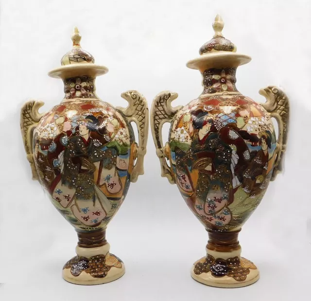 Vintage Antique Pair Japanese Moriage Satsuma Hand Painted Porcelain Vases w Lid