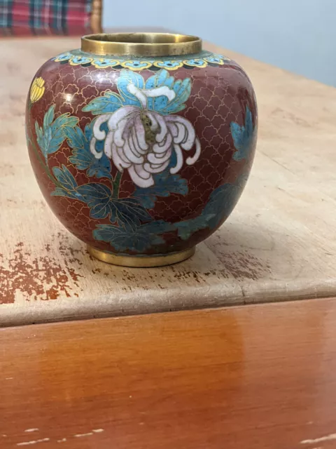 Vintage Cloisonne Ginger Jar Or Urn Red Blue White Floral Chinese 3 1/2 Inches