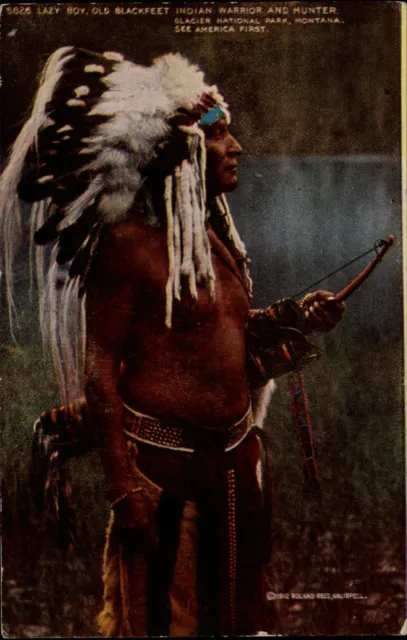 Native American Old Blackfeet warrior Lazy Boy headdress bow arrow ~ postcard