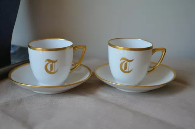 set of 2 Limoges France porcelain coffee cups & saucer Gold Monogram&Rim