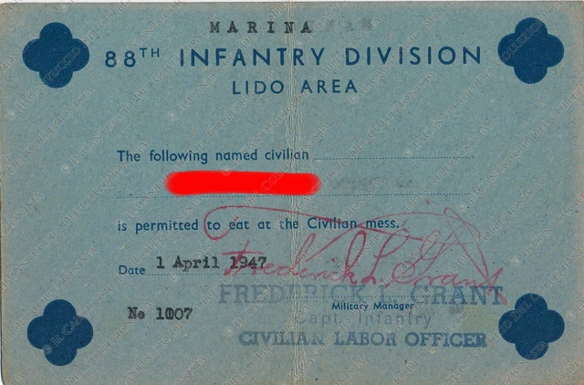 1947 Marina 88th Infantry Division Lido Area Venezia tessera