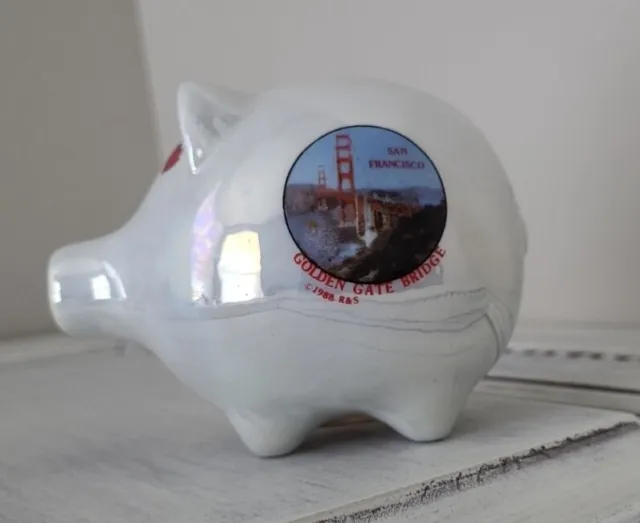 VINTAGE 1988 R & S San Francisco Piggy Bank with Golden Gate Bridge Cute Hearts
