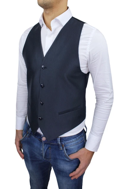 Gilet Panciotto Uomo Sartoriale Blu Rigato Elegante Casual 100% Made In Italy
