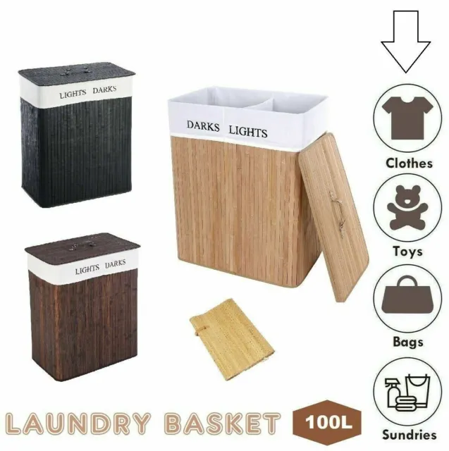 Folding Laundry Basket Hamper With Lid Bamboo Wood Dark And Light Section