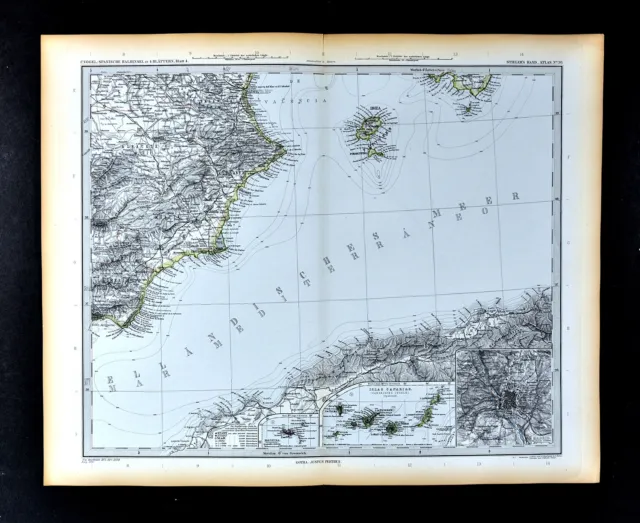 1892 Stieler Map SE Spain Ibiza Valencia Cartagena Algeria Canary Islands Madrid