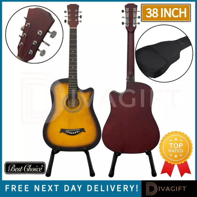 38 Inch Adult Size Natural Acoustic Guitar Cutaway Hardwood Finish Steel Strings