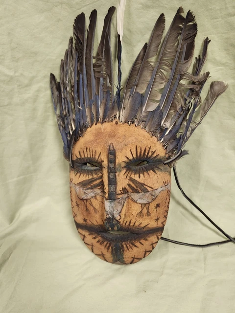 Vintage African? Wooden Mask Carved Painted Feathers