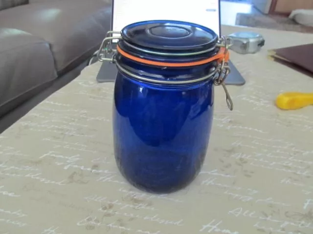 Vintage Canister Jar Cobalt Blue Glass barrel w/ Wire Bale7” New Old Stock